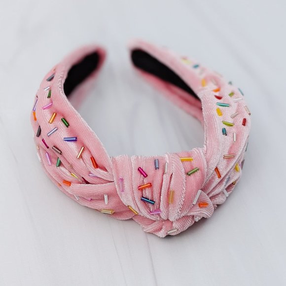 Lady Jane Makes Accessories - Pink Velvet Knot Headband with Sprinkles Rainbow Confetti Beading